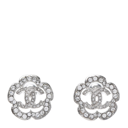 Chanel Crystal Coco Flapper Camellia CC Stud Earrings Silver 1 of 5