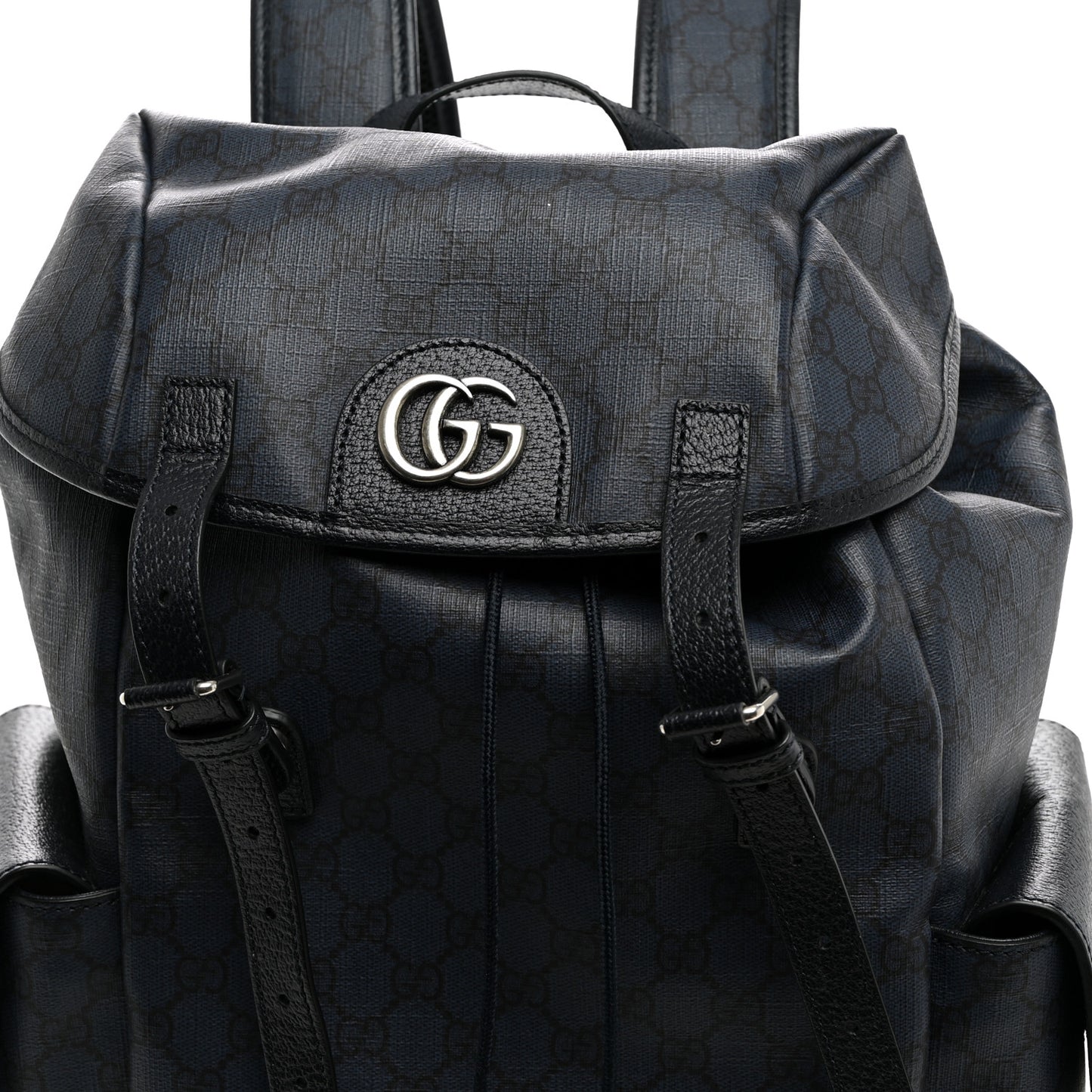 GG Supreme Monogram Textured Dollar Calfskin Medium Ophidia Double Buckle Backpack Blue Dark Blue Black