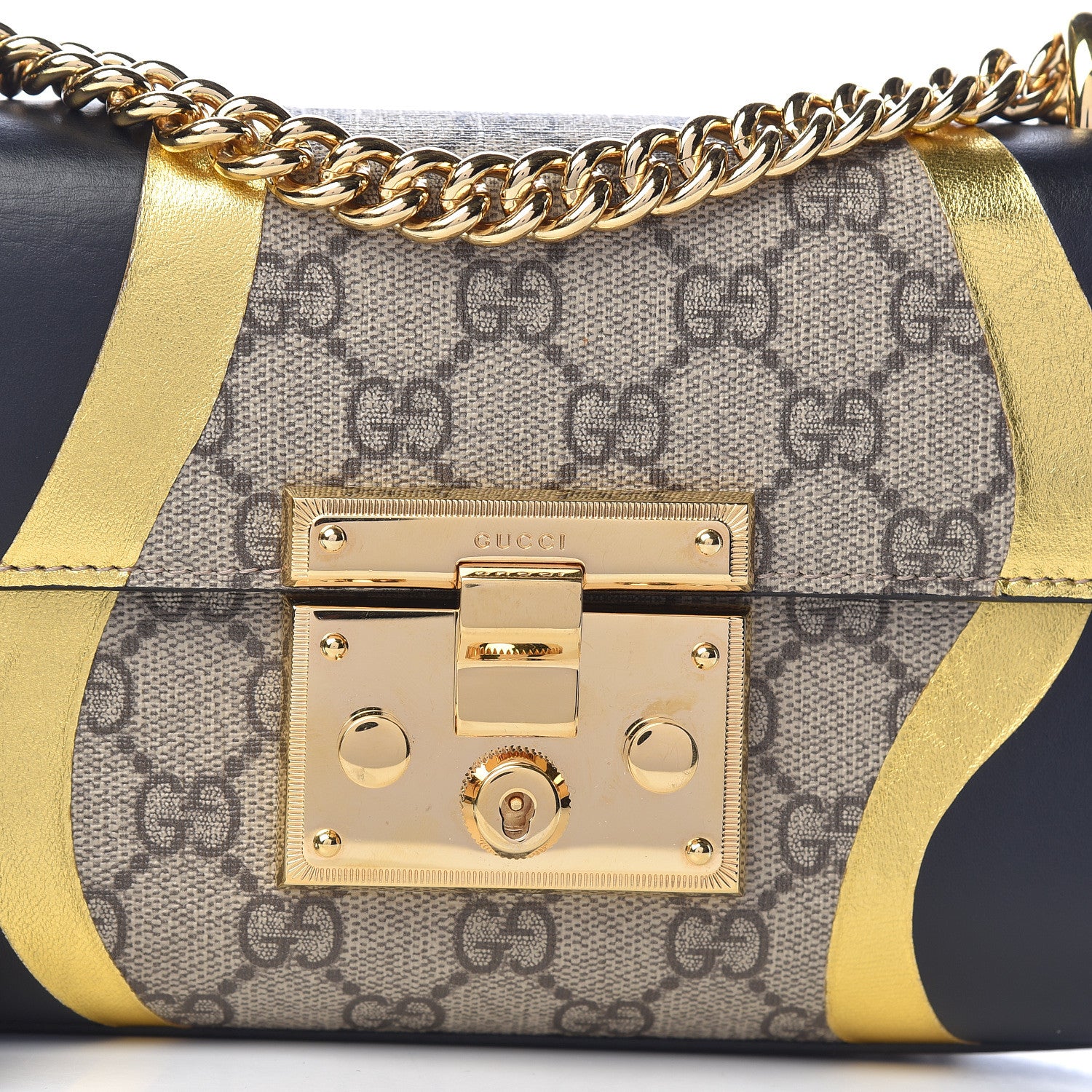 Gucci Calfskin GG Supreme Monogram Small Padlock Shoulder Bag Black Gold 12 of 14