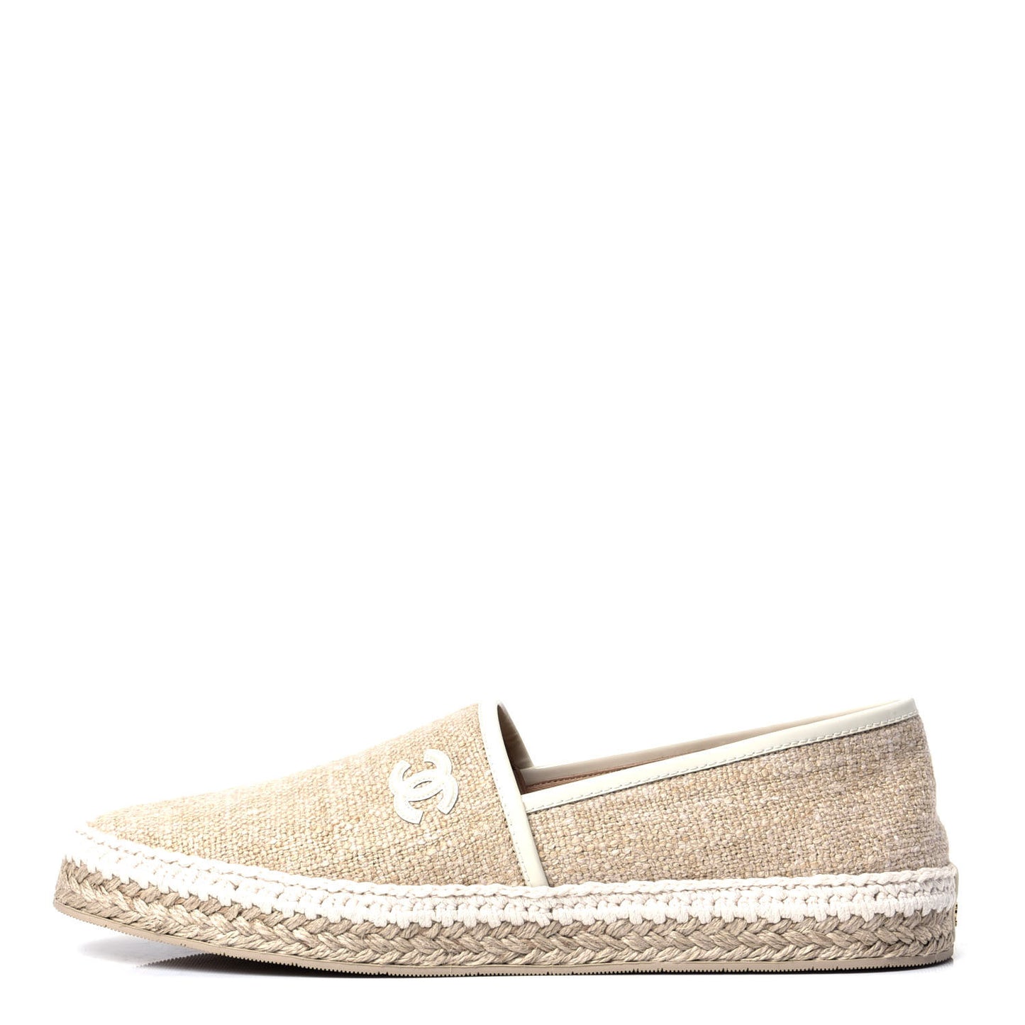 Fabric Patent Calfskin CC Espadrilles White Beige