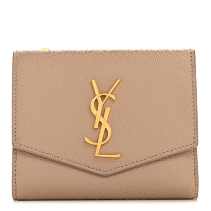 Saint Laurent Grain De Poudre Monogram Uptown Compact Wallet Dark Beige 1 of 12