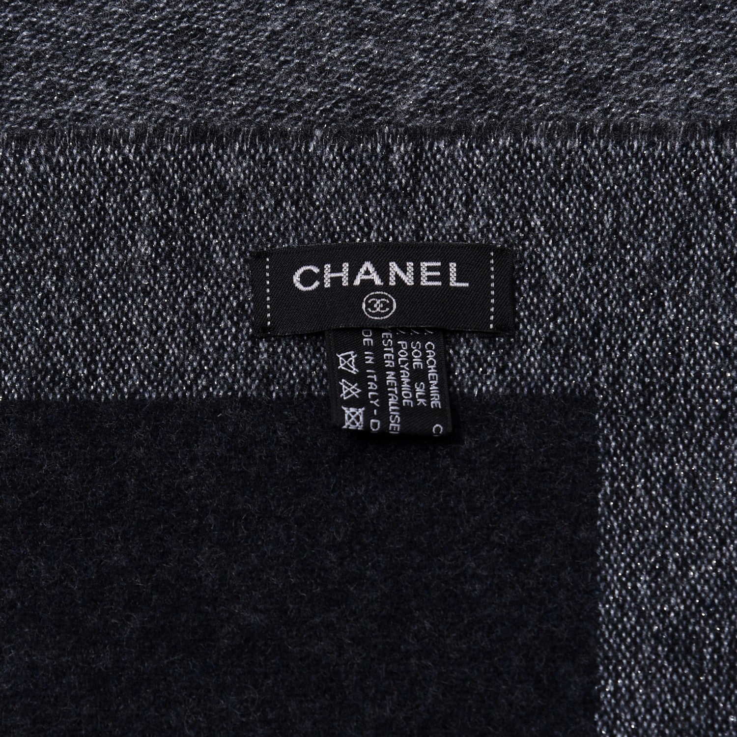 Chanel Cashmere Silk CC Logo Fringe Scarf Black Grey 4 of 4