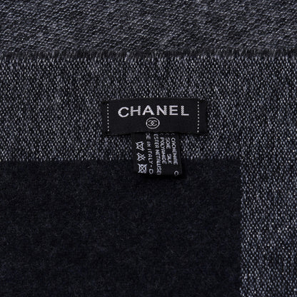 Chanel Cashmere Silk CC Logo Fringe Scarf Black Grey 4 of 4
