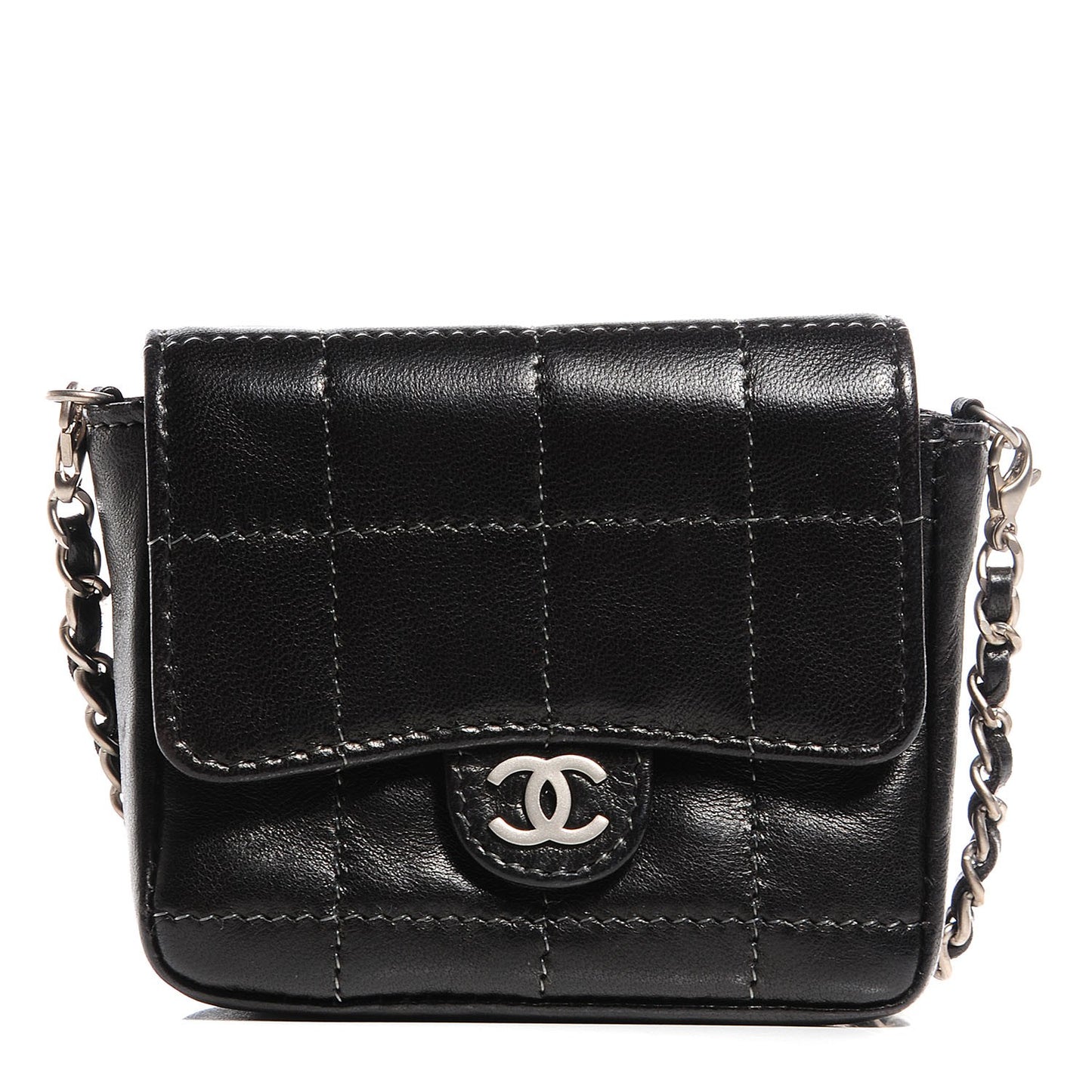 Lambskin Square Stitched Micro Flap Black
