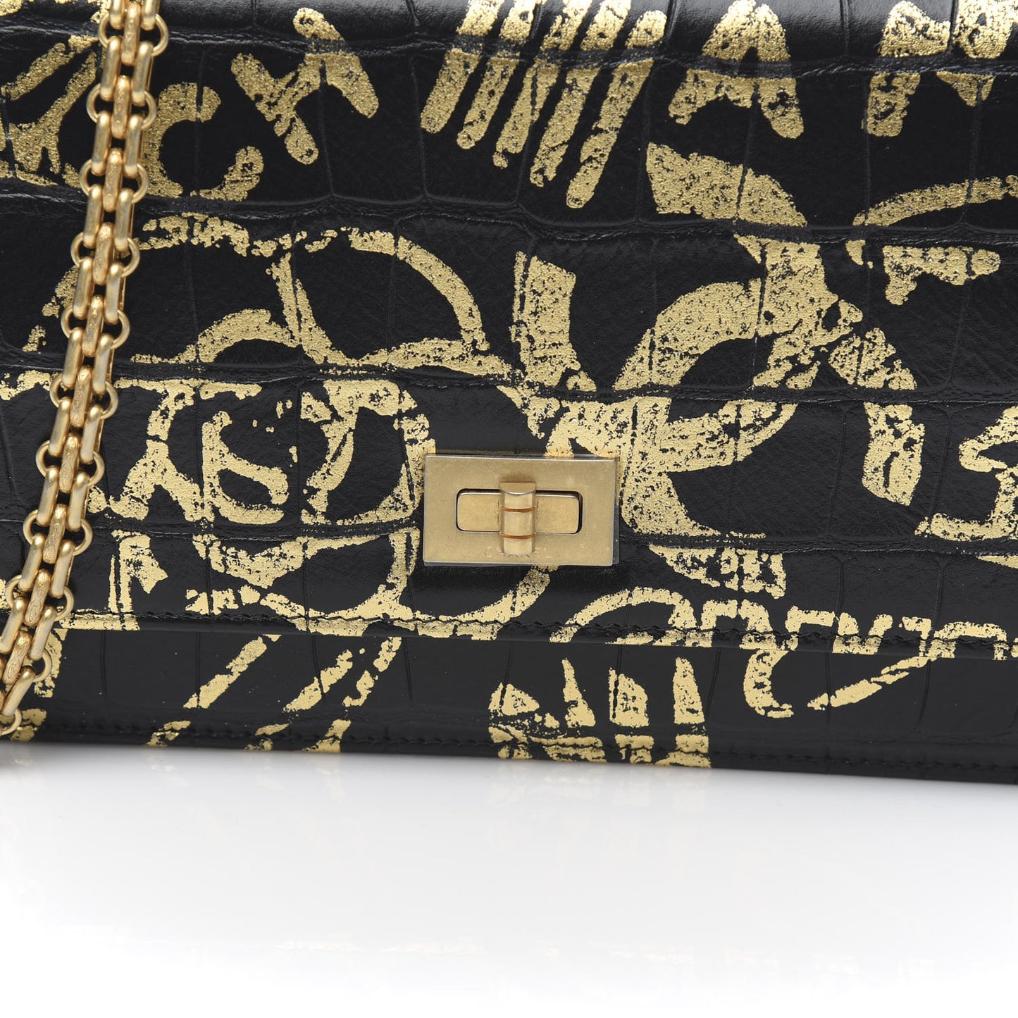 Calfskin Crocodile Embossed Graffiti 2.55 Cocodile Reissue Wallet On Chain WOC Black Gold