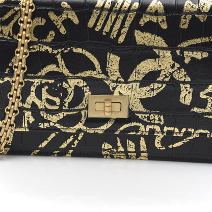 Chanel Calfskin Crocodile Embossed Graffiti 2.55 Cocodile Reissue Wallet On Chain WOC Black Gold 11 of 12