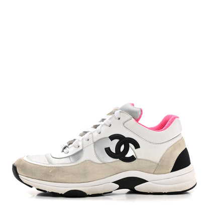 Chanel Calfskin Fabric Sneakers 40 White Silver Fluo Pink 1 of 13