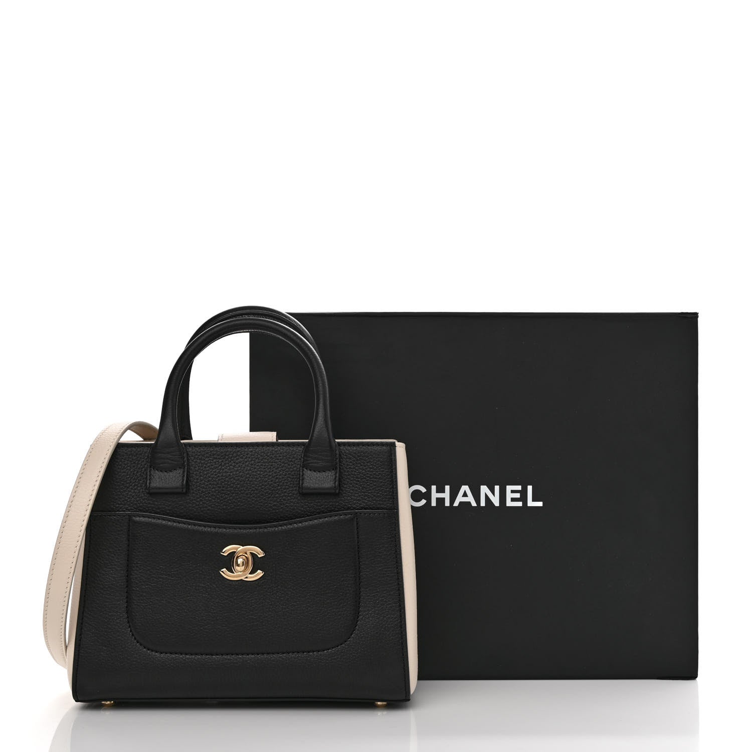 Chanel Grained Calfskin Mini Bi-Color Neo Executive Shopper Tote Black Beige 12 of 12