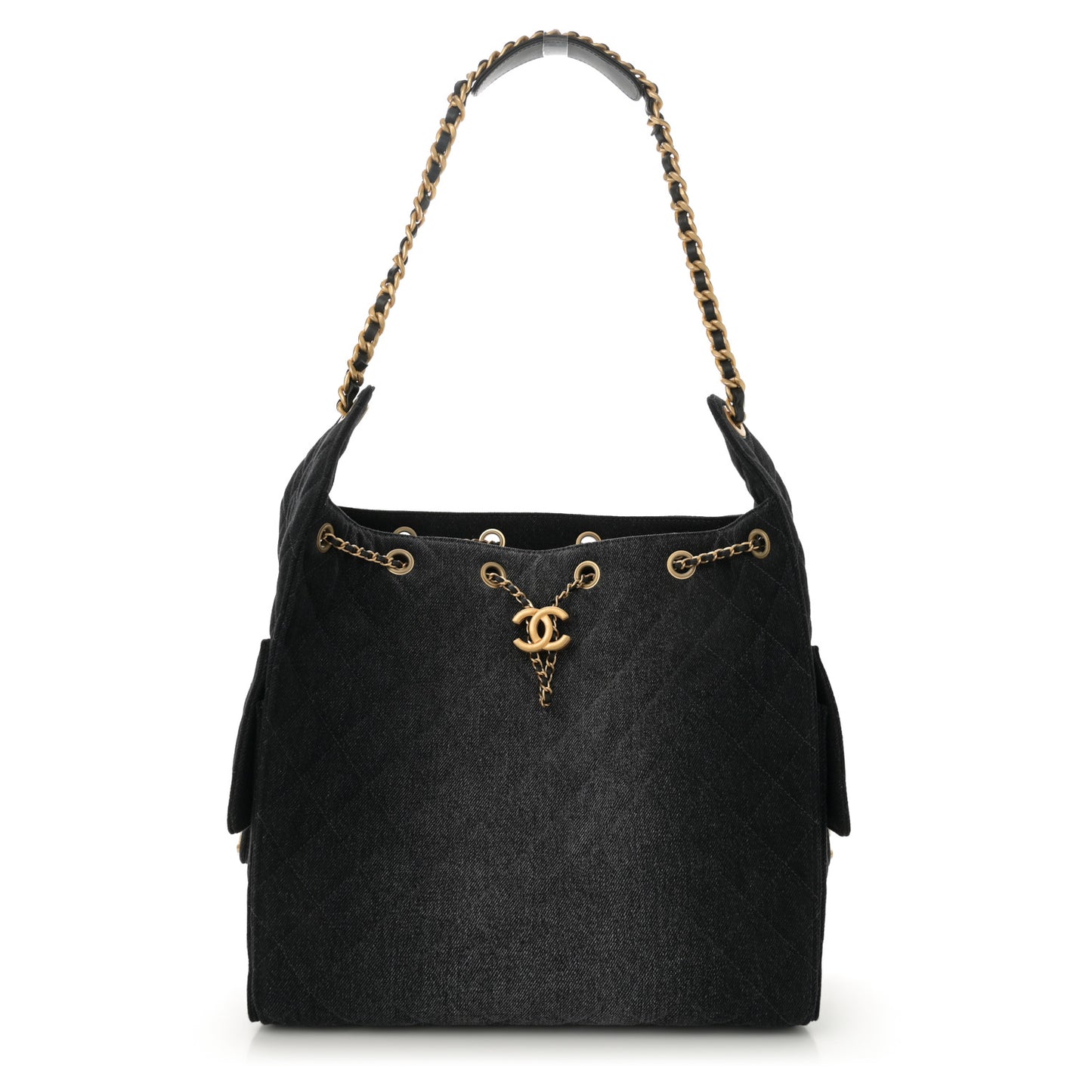 Washed Denim Quilted Medium Chanel 25 Handbag Black