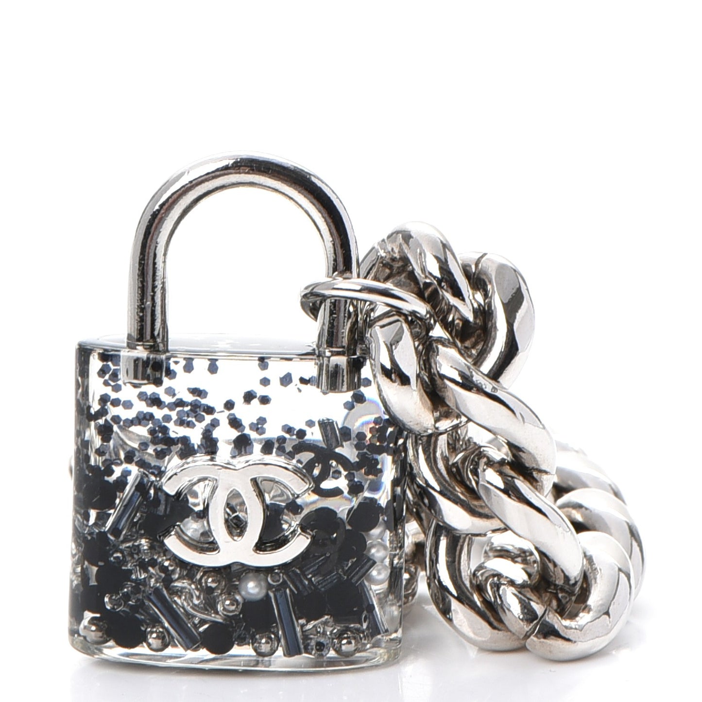 Plexiglass Pearl CC Padlock Bracelet Silver