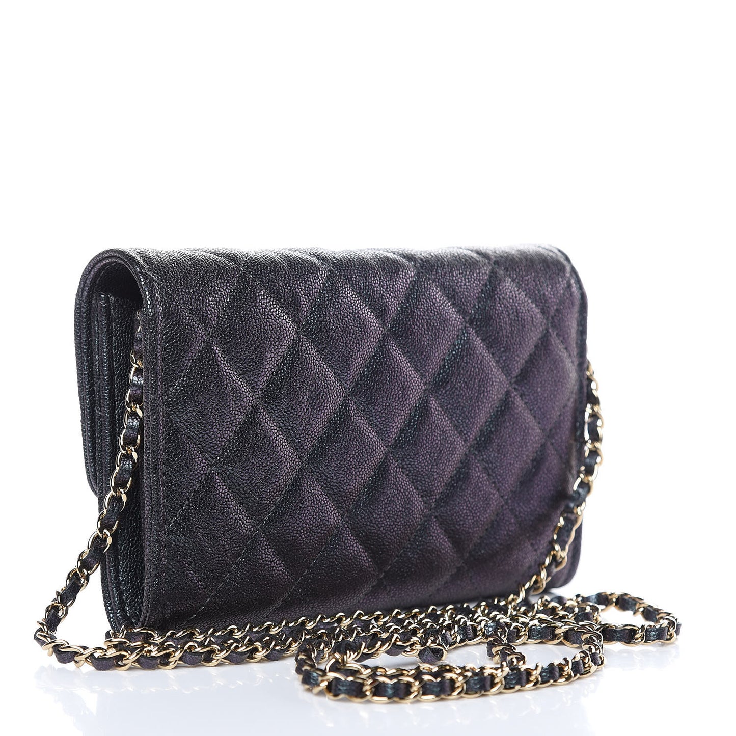 Iridescent Caviar Quilted Classic Clutch With Chain Black