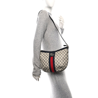 Gucci GG Supreme Monogram Textured Dollar Calfskin Web Small Ophidia Half Moon Hobo Beige Blue 2 of 10