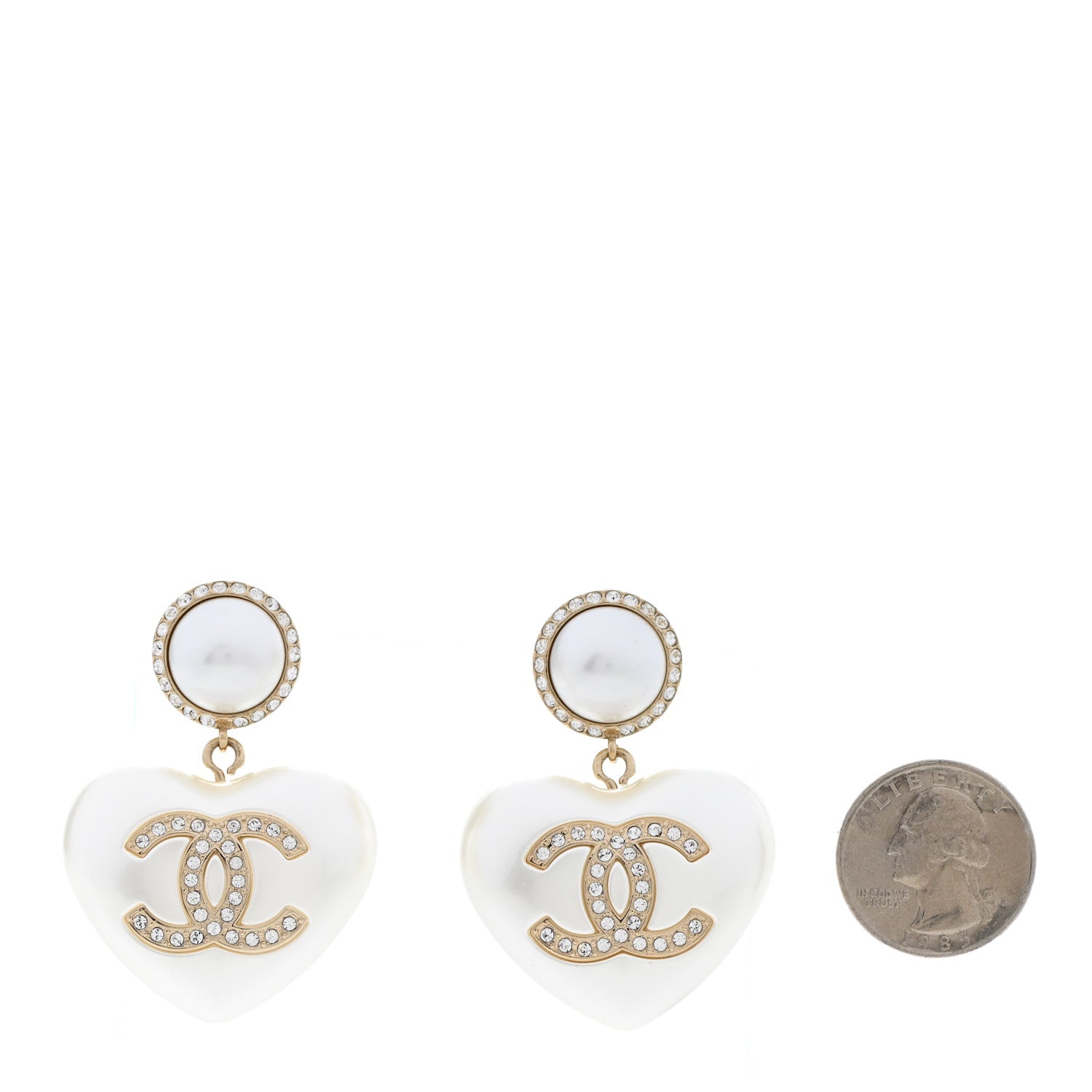 Chanel Pearl Crystal CC Heart Drop Earrings Gold 2 of 5