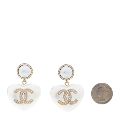Chanel Pearl Crystal CC Heart Drop Earrings Gold 2 of 5