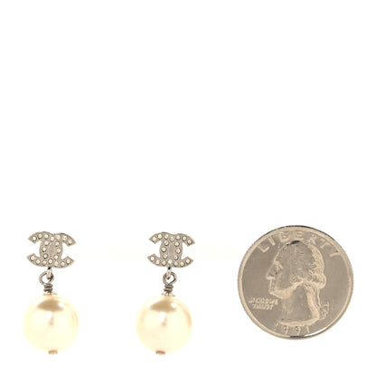 Chanel Crystal Pearl CC Drop Earrings Silver Pearly White 2 of 5