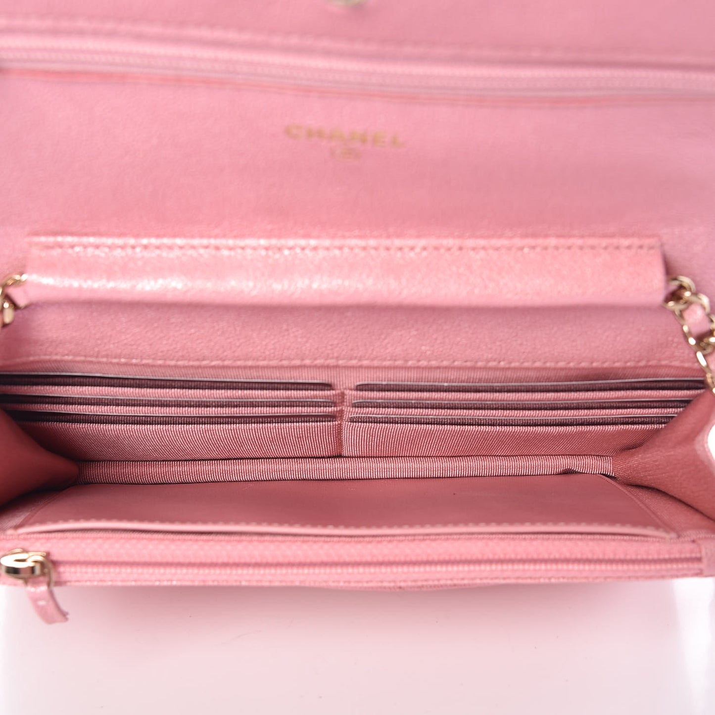 Iridescent Caviar Quilted Wallet on Chain WOC Rose Pink