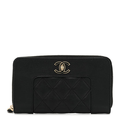 Chanel Sheepskin Quilted Mademoiselle Vintage Zip Around Wallet Black 1 of 13