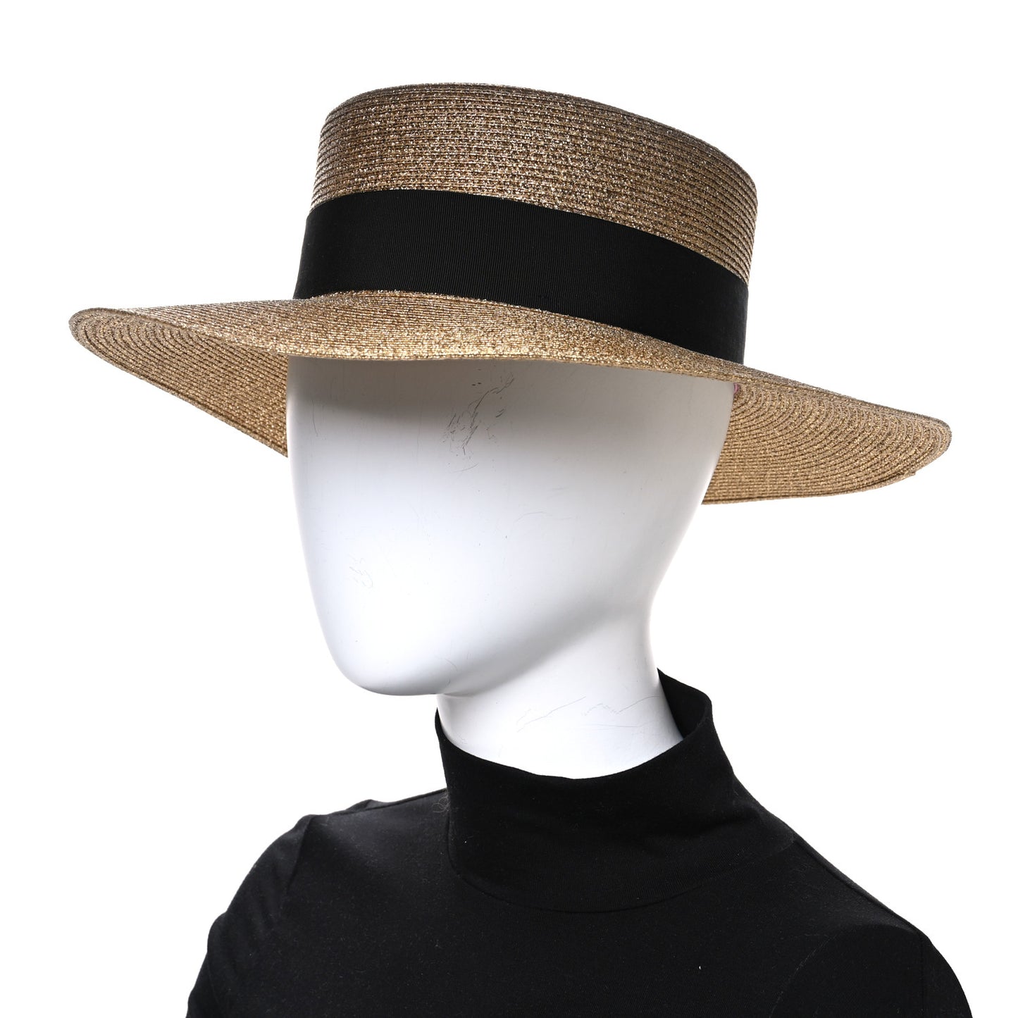 Glittered Straw Grosgrain Wide Brim Hat M Gold Black