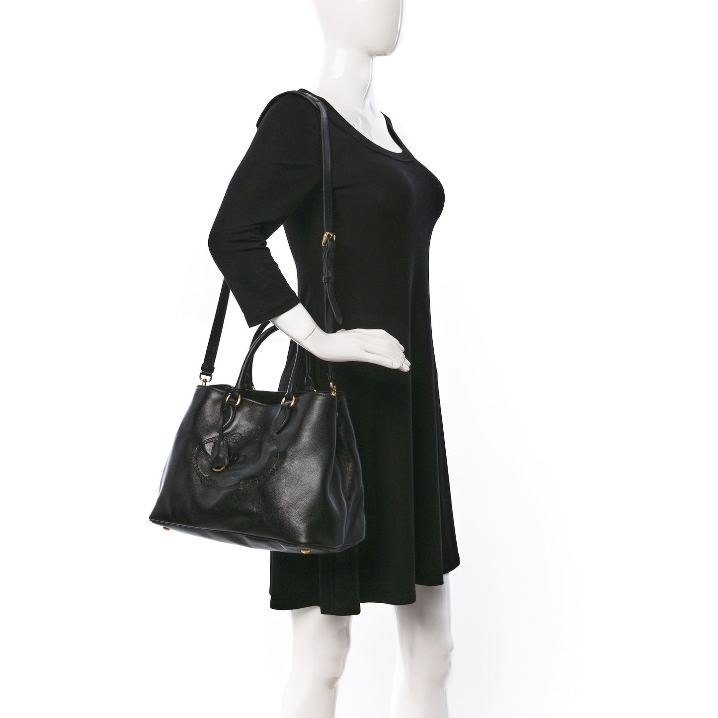 Glace Calfskin Embossed Logo Tote Black