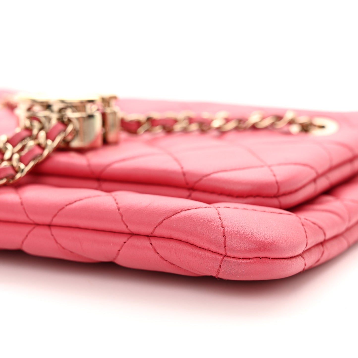 Shiny Lambskin Quilted Small Double Case With Strap Pink