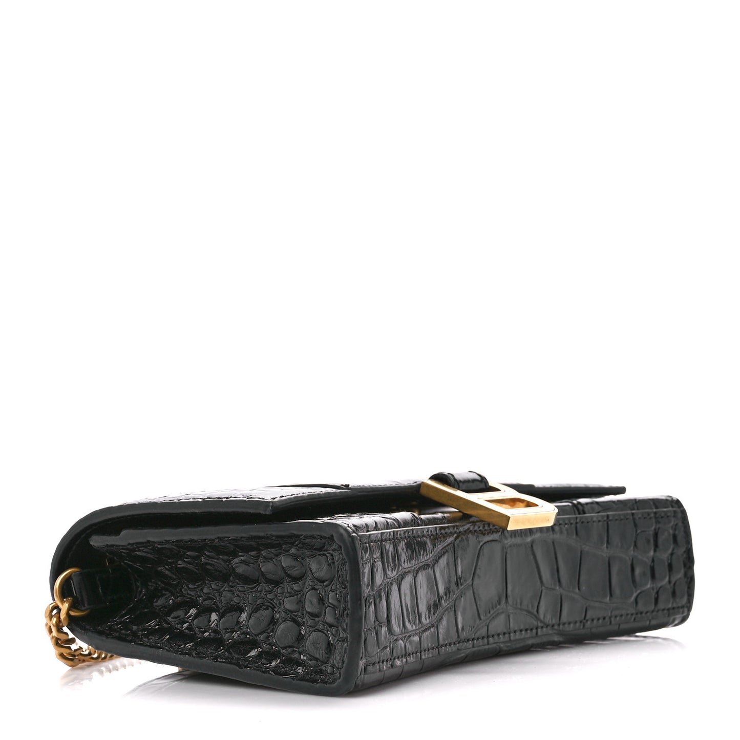 Shiny Calfskin Crocodile Embossed Hourglass Chain Bag Black