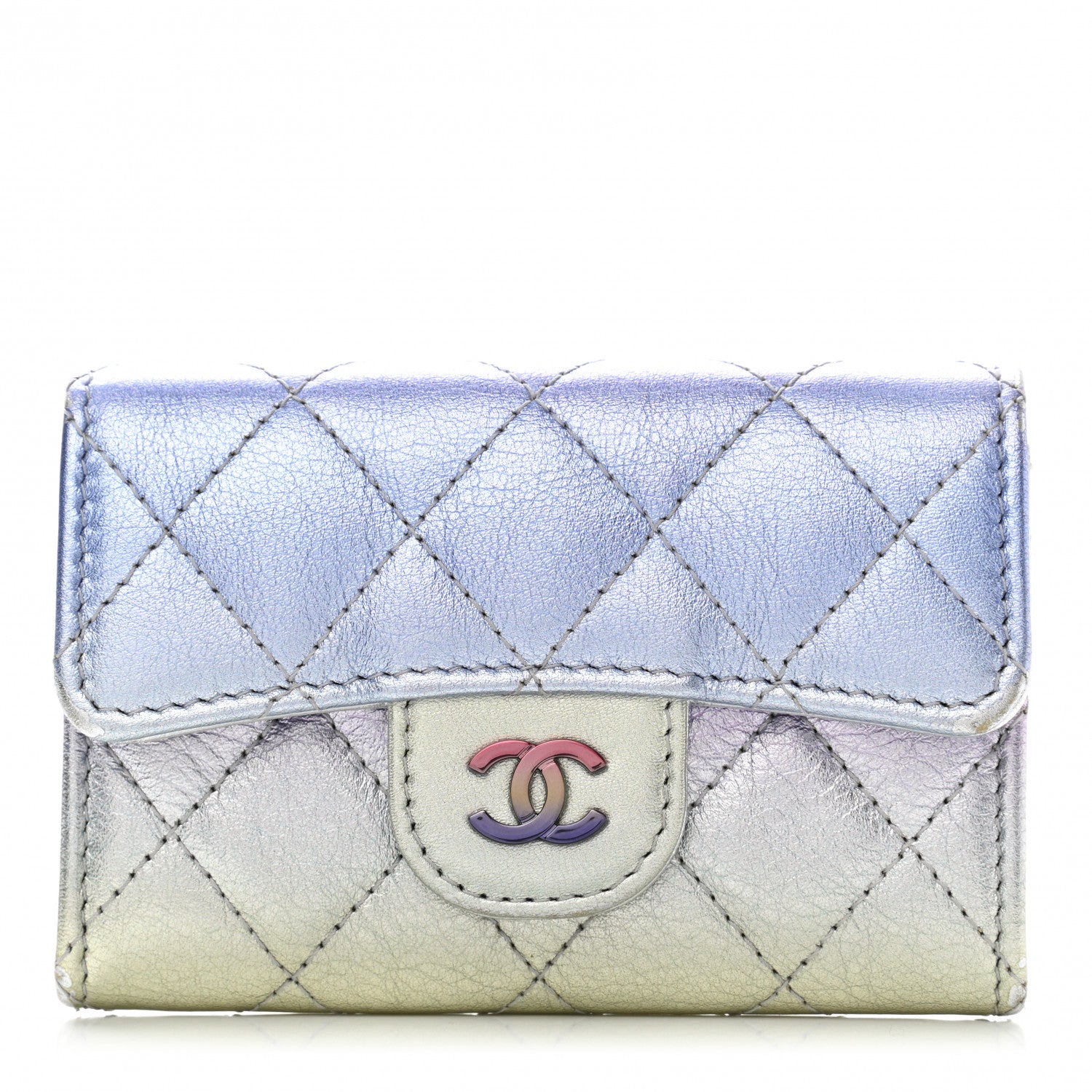 Chanel Gradient Metallic Calfskin Quilted Flap Card Holder Wallet Silver Blue Yellow Purple 1 of 11