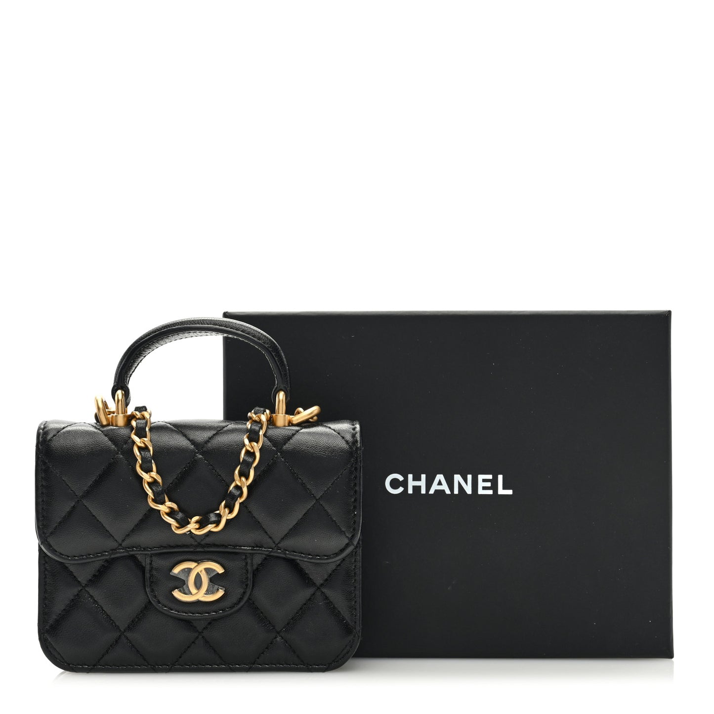 Lambskin Quilted Top Handle Flap Coin Purse With Chain Black