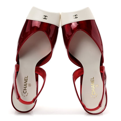 Chanel Lambskin Laminated Calfskin Cap Toe CC Slingback Pumps 37.5 Red Ivory 2 of 10