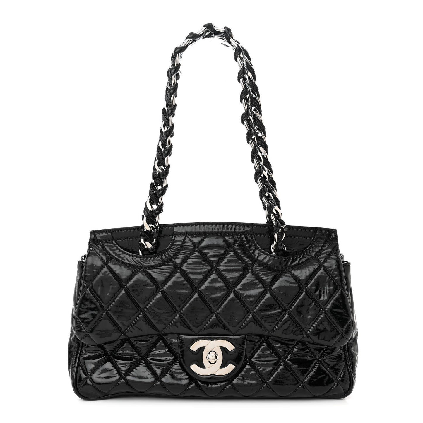 Patent Quilted Day Glo Flap Bag Black