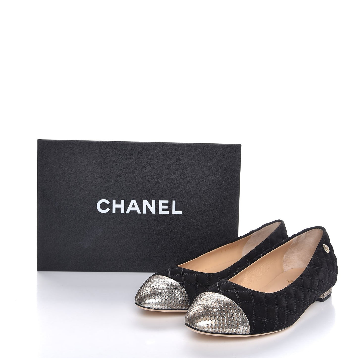 Suede Python Quilted CC Cap Toe Ballerina Flats 40.5 Black Gold