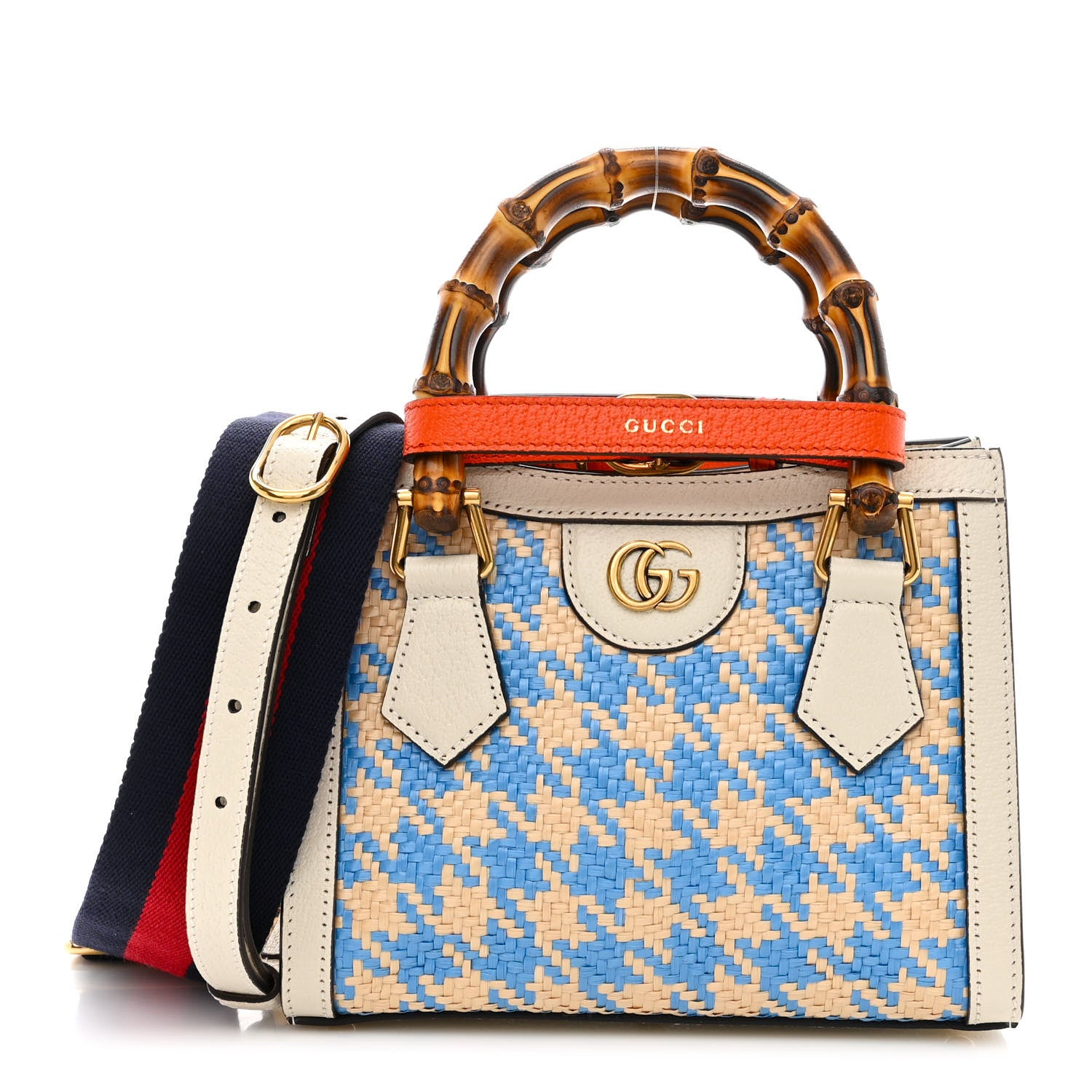 Gucci Raffia Calfskin Web Houndstooth Small Diana Tote Bag Light Blue Natural Deep Orange 1 of 10