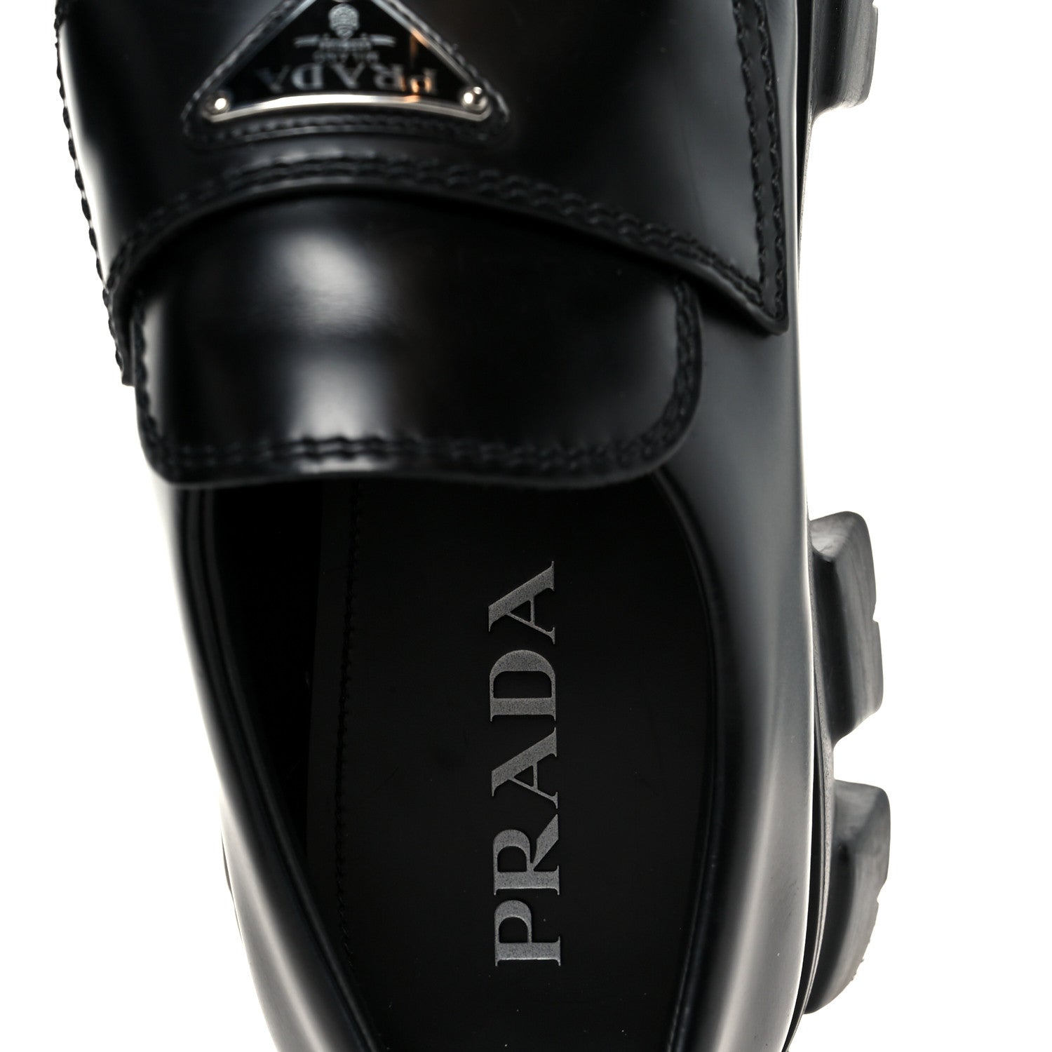 Prada Spazzolato Rois Metal Triangle Logo Mens Monolith 60mm Loafers 8.5 Black 7 of 10