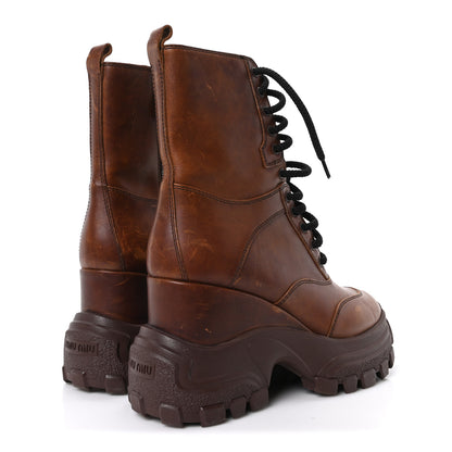 Miu Miu Distressed Calfskin Platform Wedge Lace Up Combat Boots 40 Brown 5 of 8
