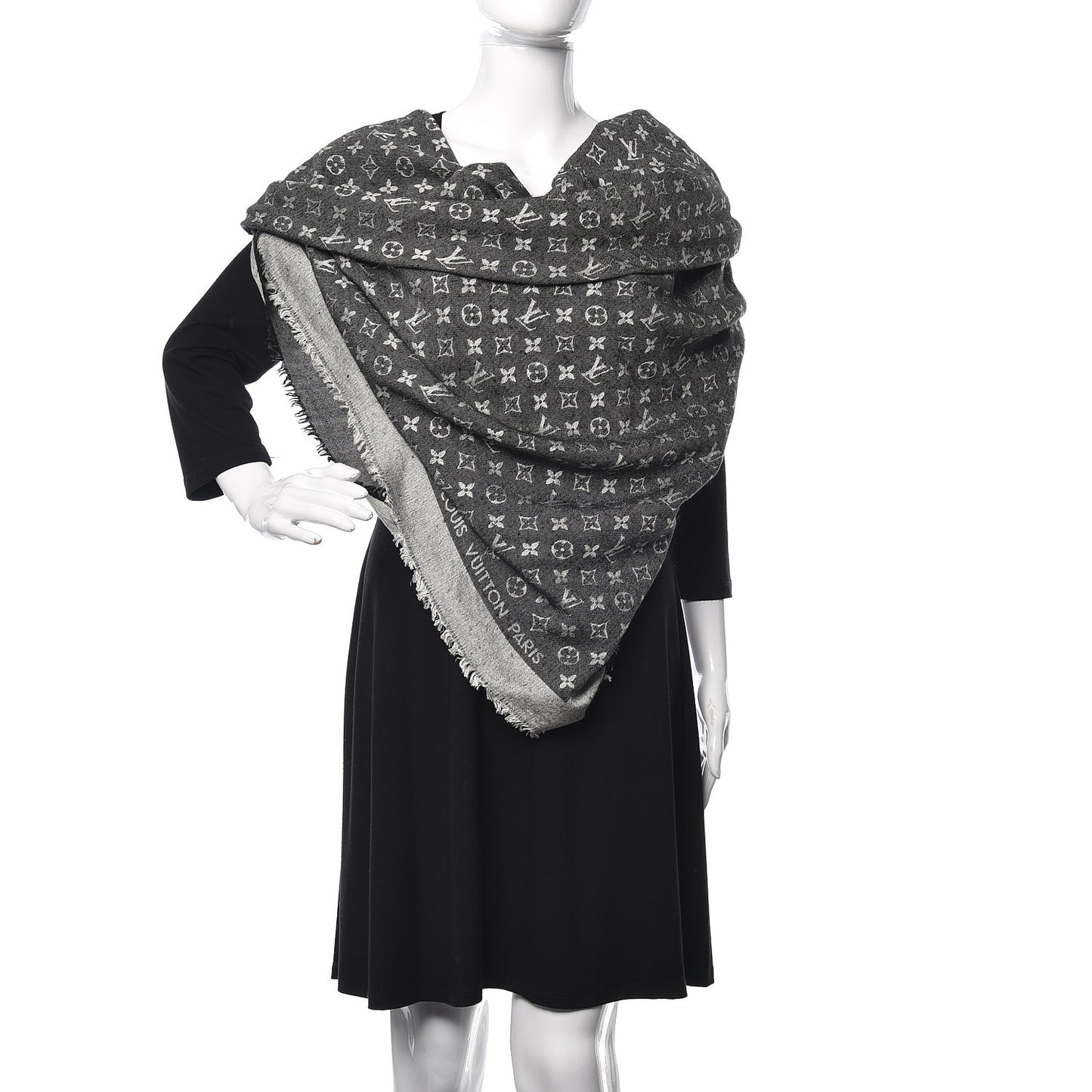 Wool Silk Monogram Denim Shawl Black