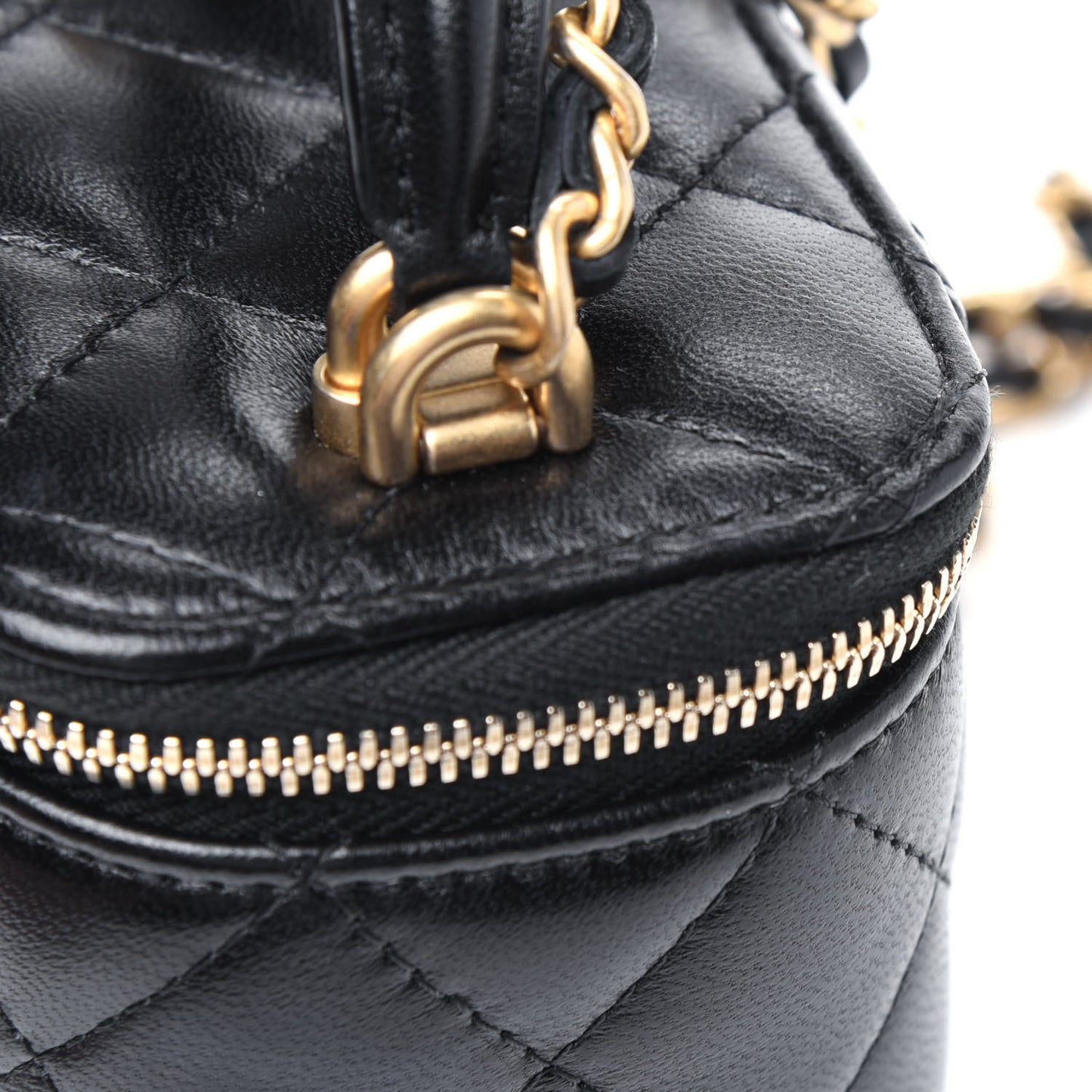 Lambskin Quilted Top Handle Mini Vanity Case With Chain Black