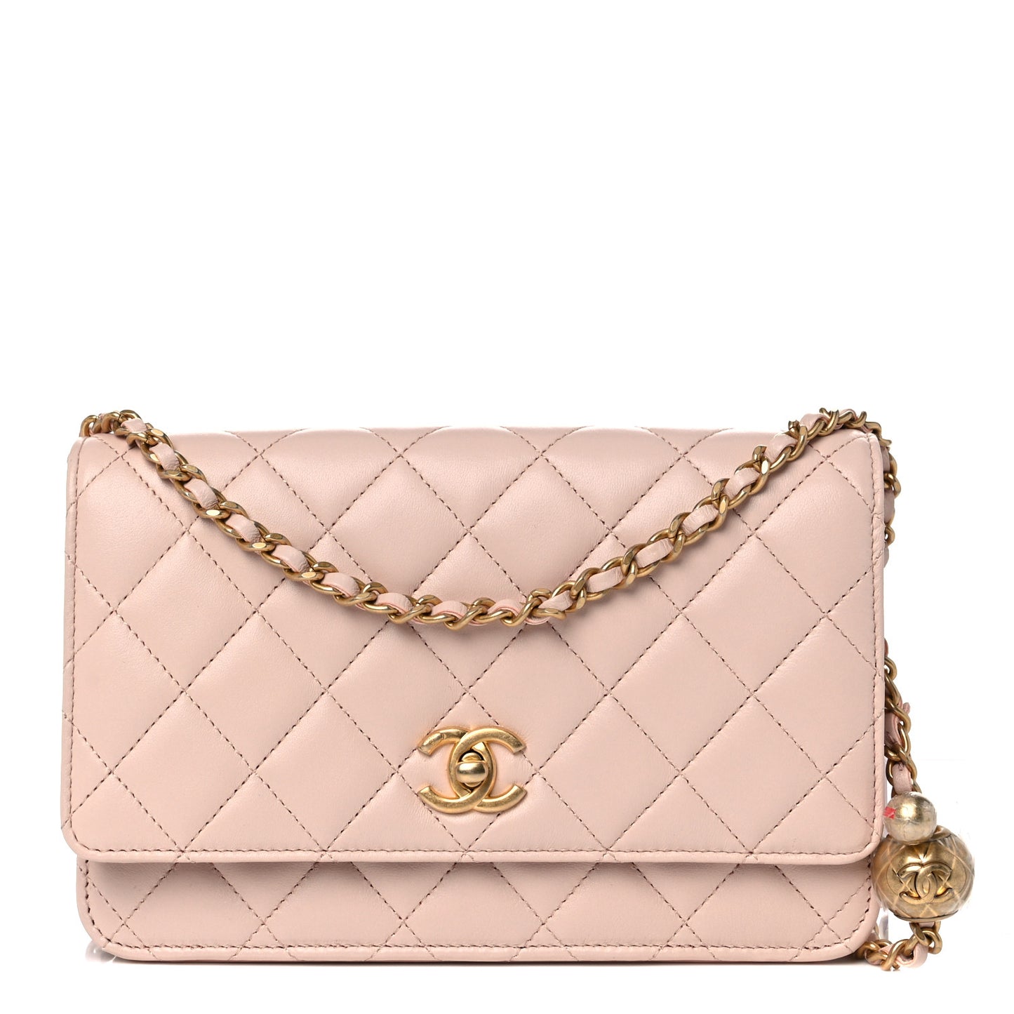 Lambskin Quilted CC Pearl Crush Wallet on Chain WOC Light Beige