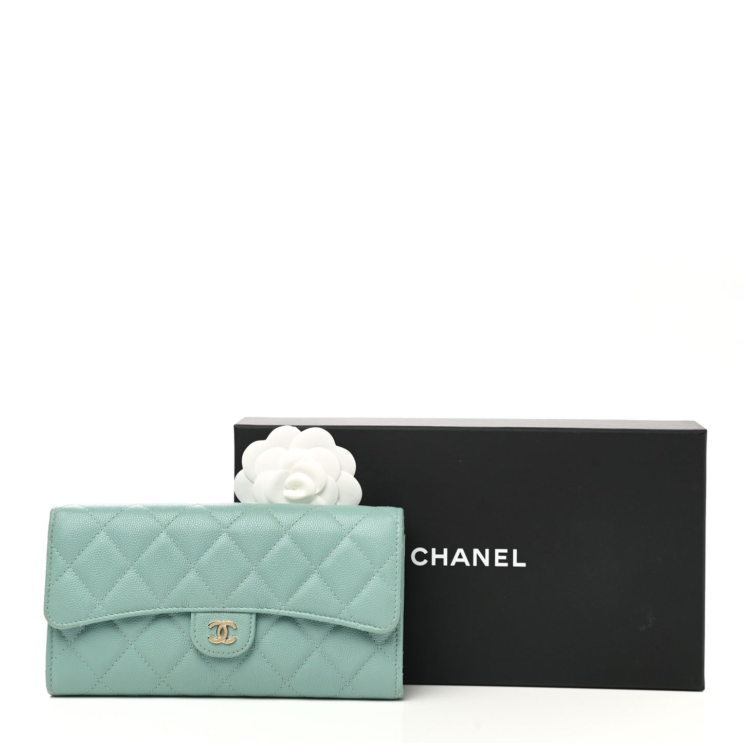 Caviar Quilted Large Gusset Flap Wallet Light Blue