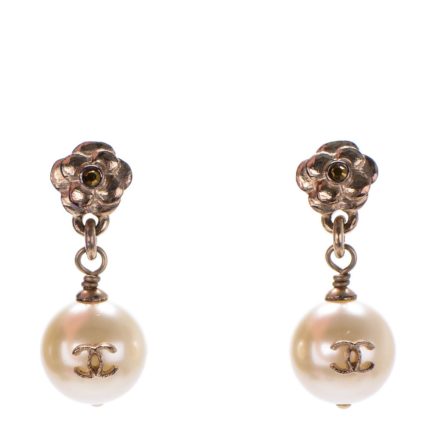 Pearl CC Camellia Dangle Earrings Gold