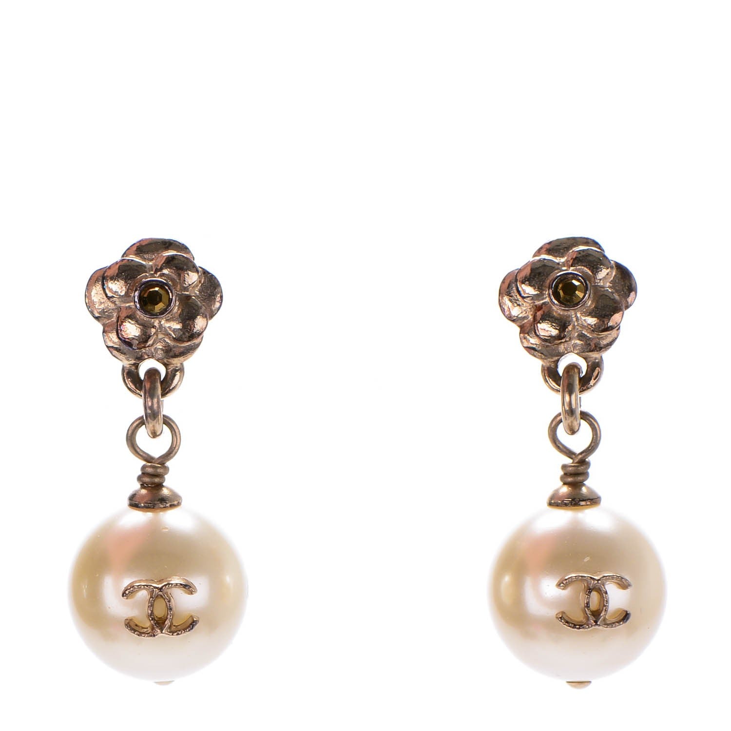 Chanel Pearl CC Camellia Dangle Earrings Gold 1 of 4