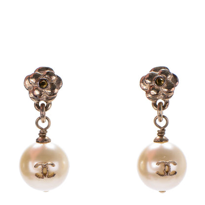Chanel Pearl CC Camellia Dangle Earrings Gold 1 of 4