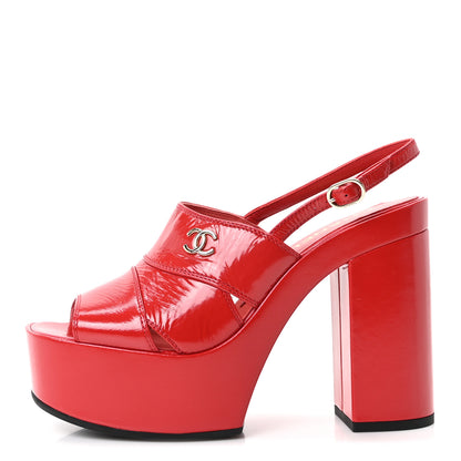 Chanel Crumpled Patent Lambskin Platform Sandals 39.5 Red 1 of 10
