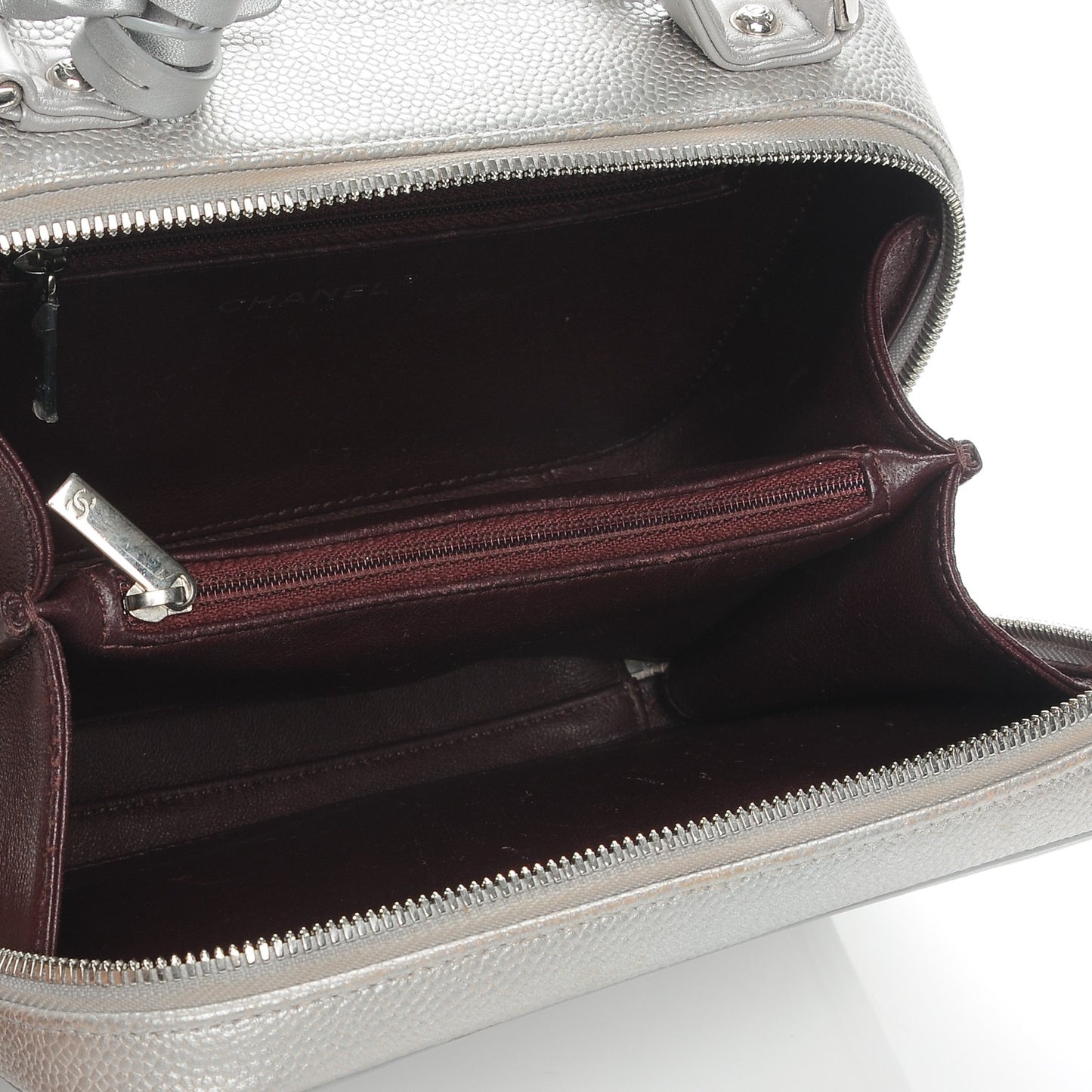 Metallic Caviar Quilted Medium CC Filigree Vanity Case Silver