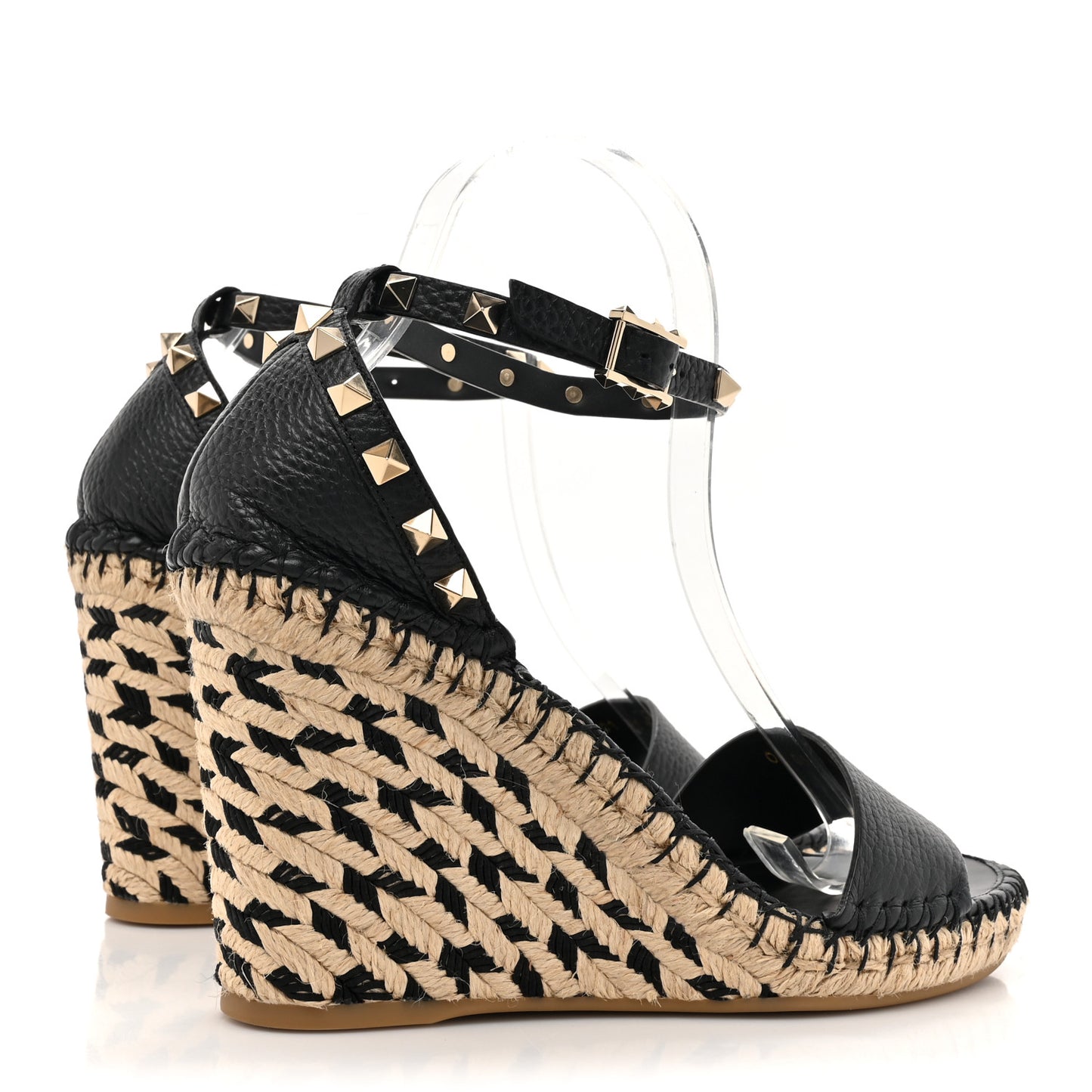 Grained Calfskin Rockstud Ankle Strap Espadrille 15/105mm Wedge Sandals 39 Black Natural