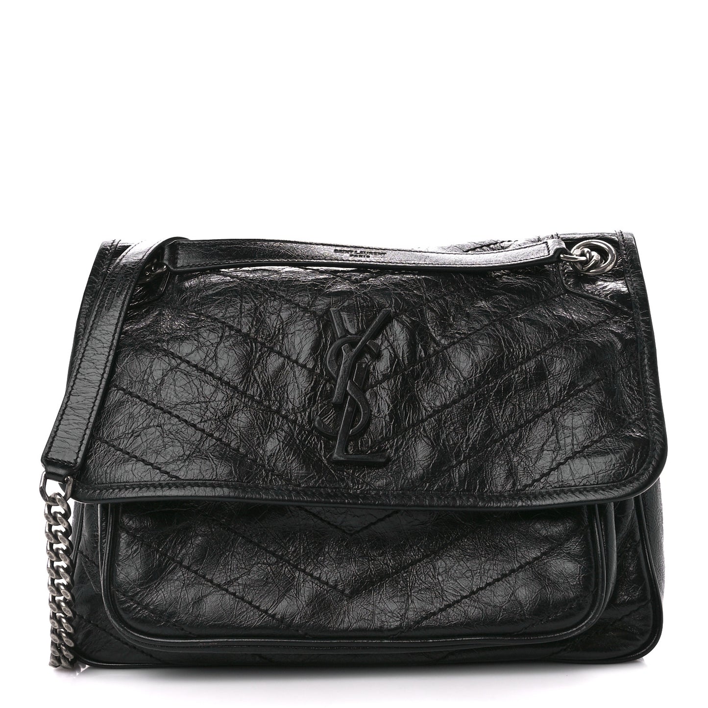 Crinkled Calfskin Matelasse Monogram Medium Niki Chain Satchel Black