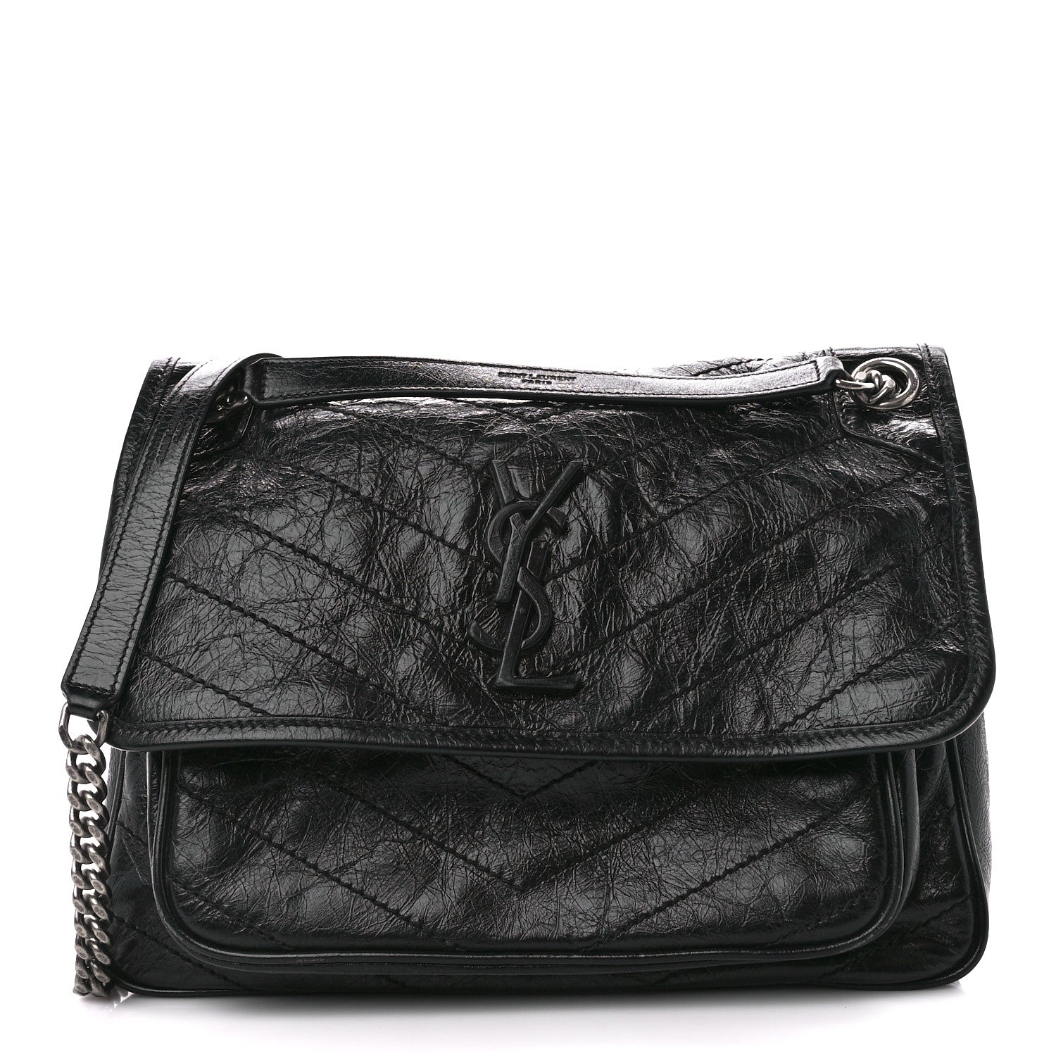 Saint Laurent Crinkled Calfskin Matelasse Monogram Medium Niki Chain Satchel Black 1 of 12