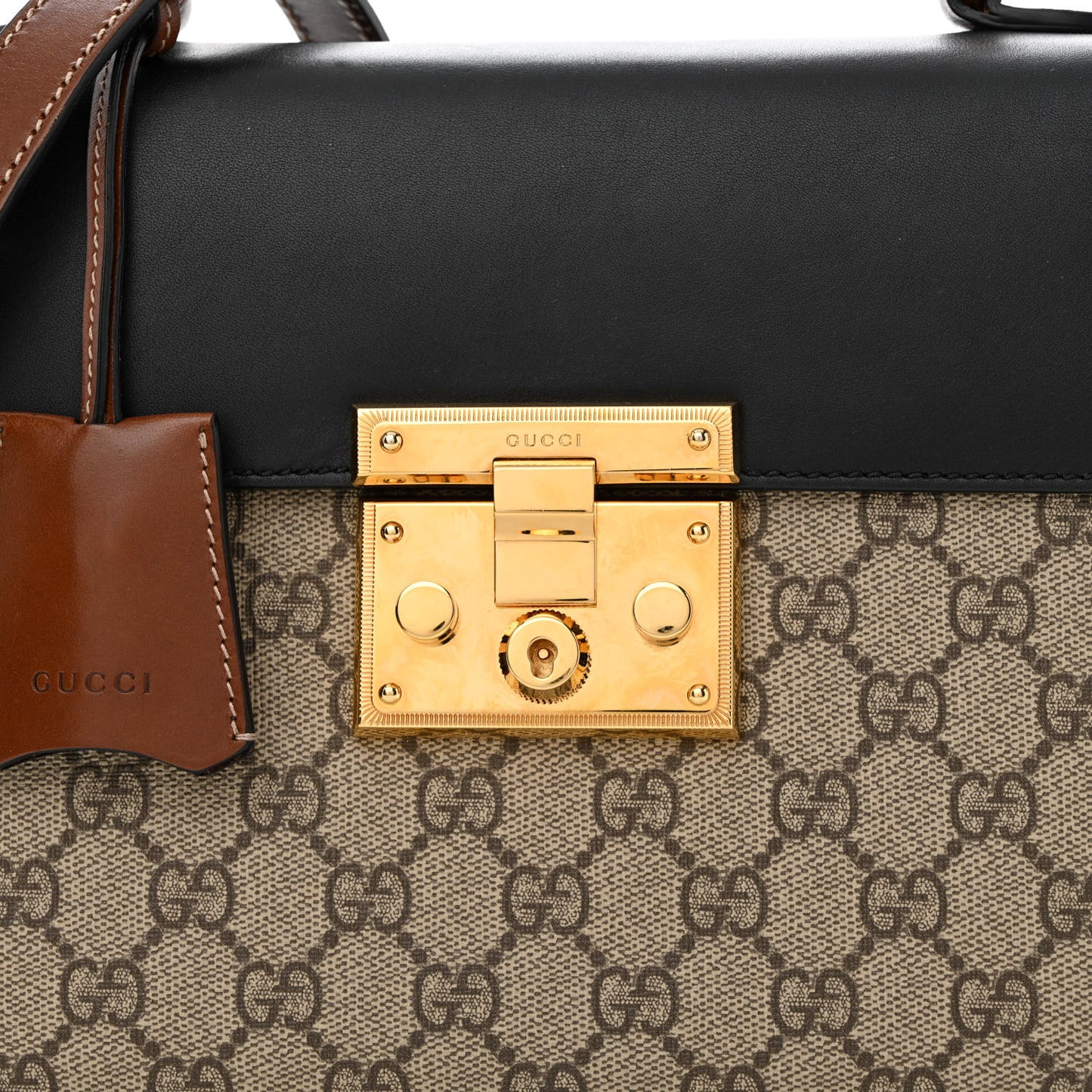 GG Supreme Monogram Calfskin Small Padlock Top Handle Bag Beige Black Cuir