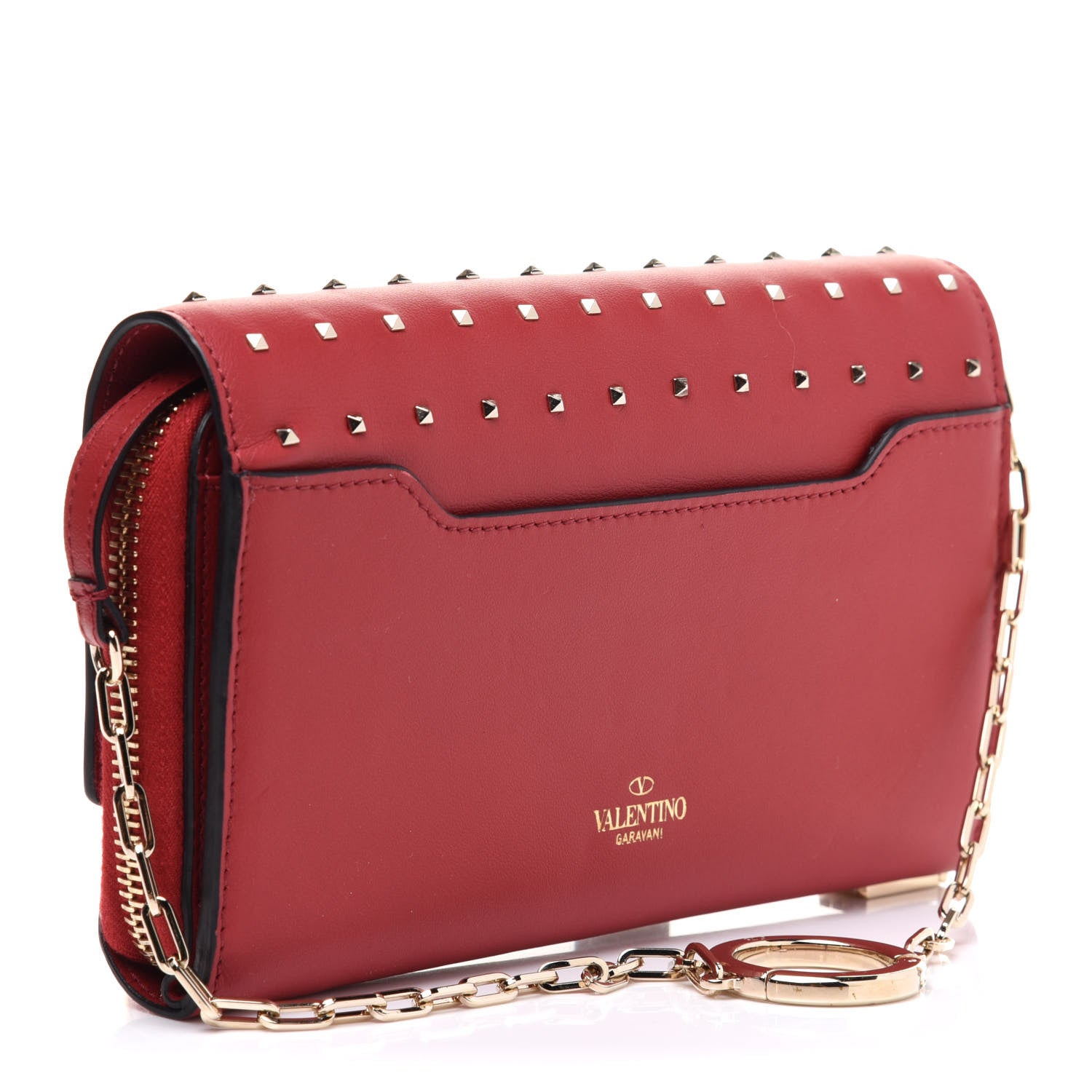 Valentino Garavani Vitello Rockstud Carry Secrets Continental Wallet On Chain Red 2 of 9