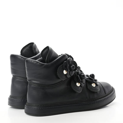 Chanel Lambskin Camellia High Top Sneakers 40 Navy 4 of 10