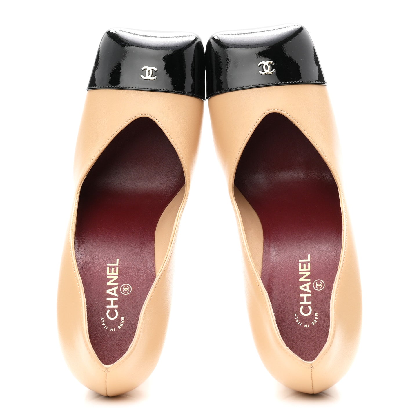 Lambskin Patent Calfskin Cap Toe Pumps 36.5 Black Beige
