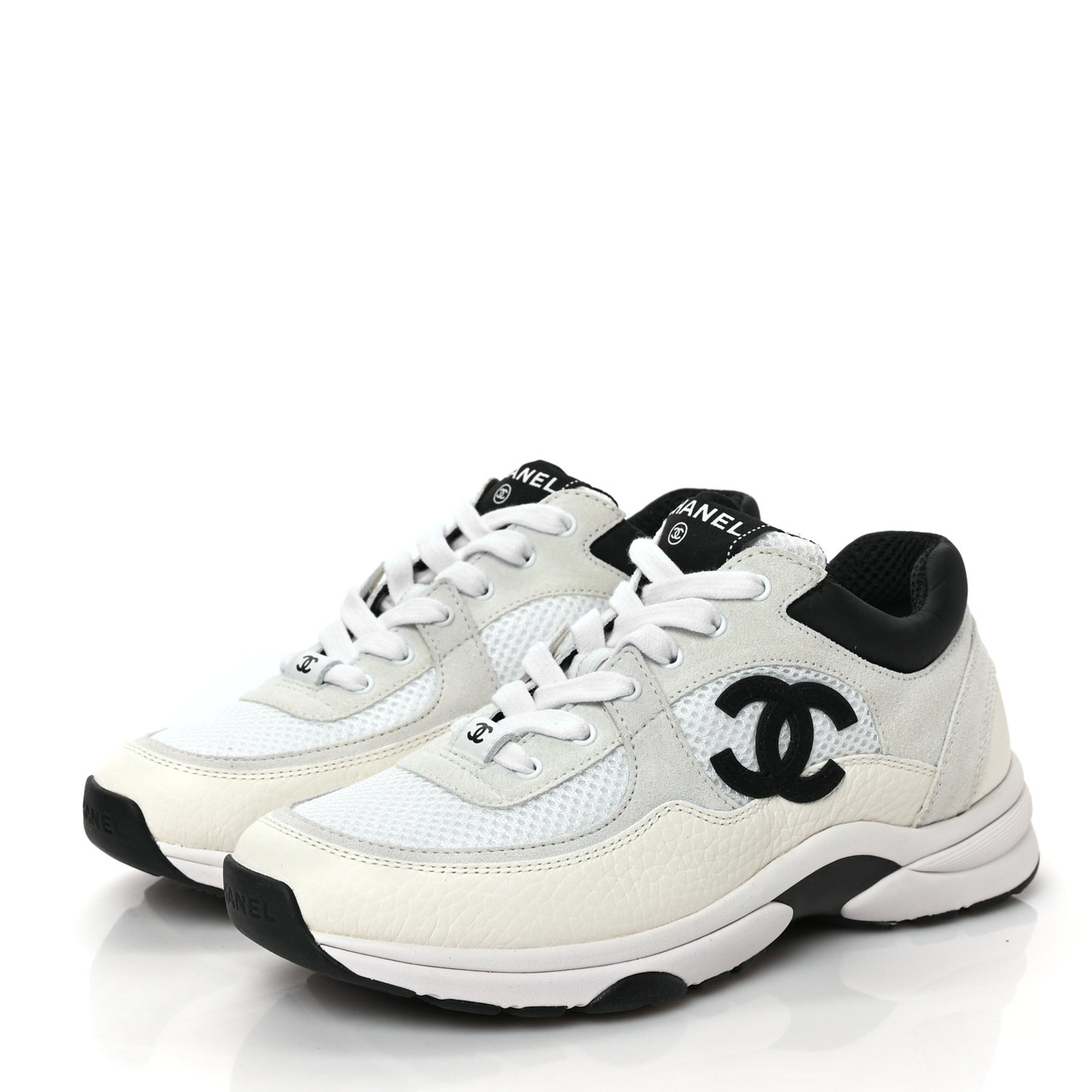 Mesh Suede Calfskin Grained Calfskin Womens CC Sneakers 37 White Black